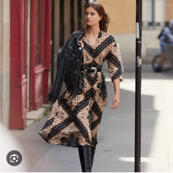 NWT Sandro 100% silk, pleated, western inspired dress. Size 36EU